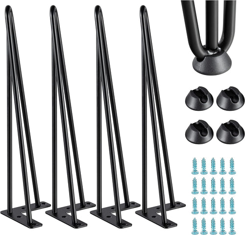 Pieds de table Hairpin noirs de 16 pouces | 3 tiges | Lot de 4 | Comprend les pieds et les vis