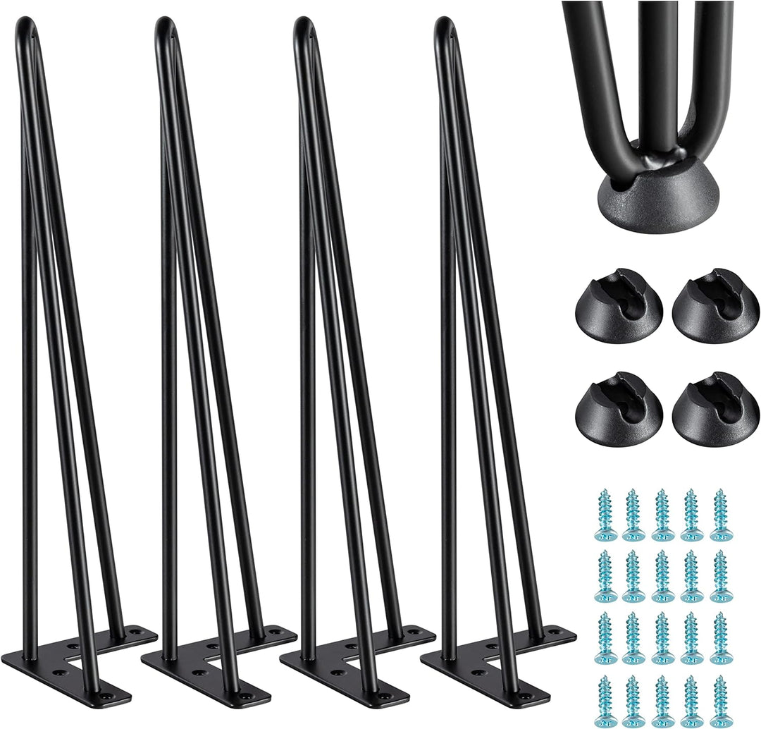 Black Hairpin Table Legs | 3 Rods | Set of 4 | Includes Feet and Screws