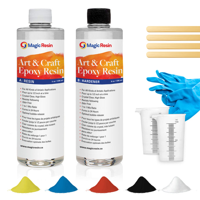 16 Oz (473 ml) | Art & Craft Epoxy Resin Kit | Includes 2 pairs of gloves, 2 cups, 4 sticks & 5 x 5g mica powder bags | Free express shipping